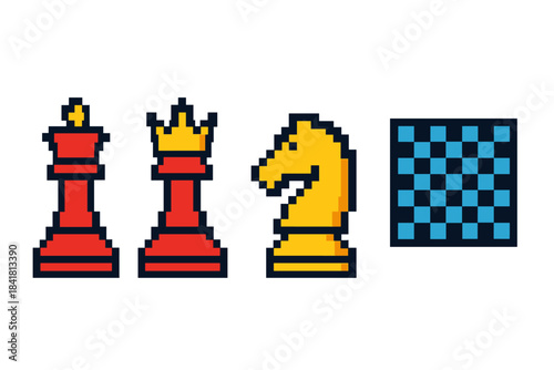 Pixel art chess pieces with board: king, queen, knight, and board
