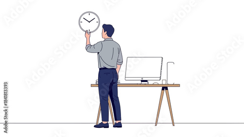 Man setting the clock, time management concept, business illustration drawing