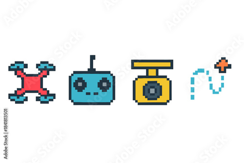 Pixel art drone graphics with controller and flight path icons