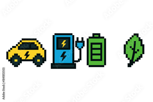 Pixel art electric car charging station with battery, leaf icon