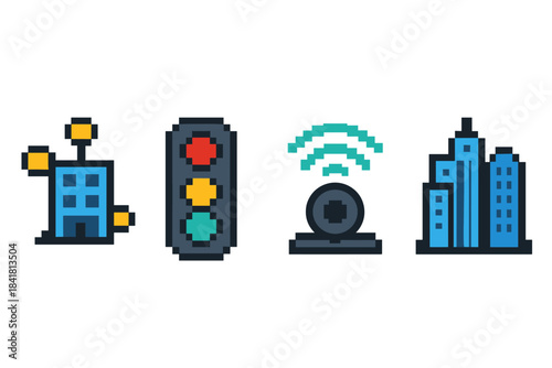 Pixel art icons: smart city, traffic light, wifi, urban buildings