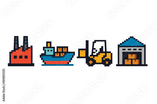 Pixel art industrial icons: factory, cargo ship, forklift, warehouse