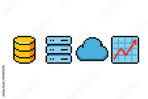 Pixel art icons of data storage and analysis: coins, servers, cloud, graph