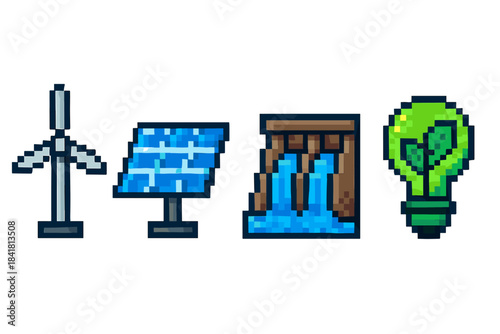 Pixel art: renewable energy icons featuring wind, solar, hydro, and eco-friendly light bulb