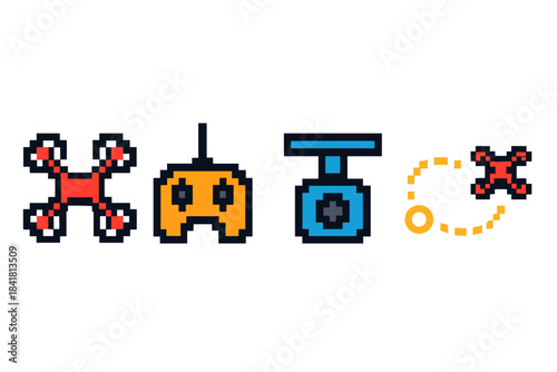 Pixel art drone icons: quadcopter, controller, camera, flight path symbols