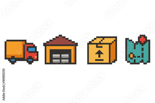 Pixel art delivery icons with truck, warehouse, box, and map elements