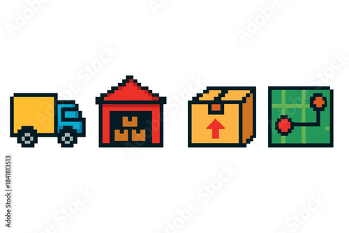 Pixel art icons of delivery truck, warehouse, box, and map route