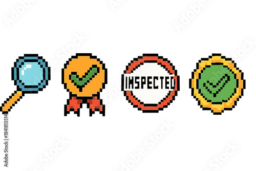 Pixel art inspection symbols with magnifying glass, medal, and checkmarks