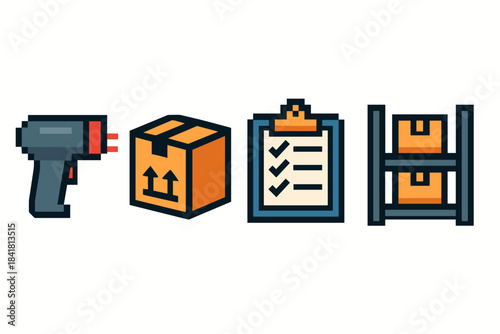 Warehouse tools and inventory management icons – scanner, box, clipboard, shelving