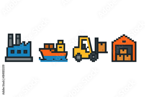 Pixel art icons of factory, ship, forklift, and warehouse for supply chain