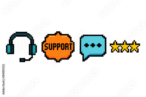 Pixel art symbols: headset, support, chat, and star rating icons