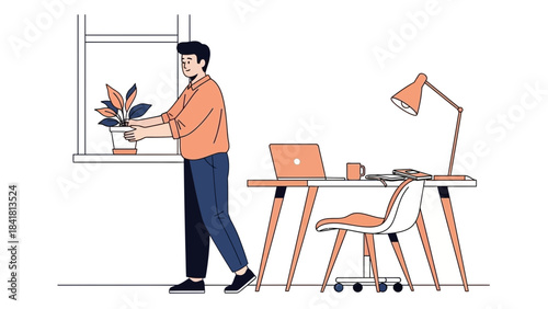 Man taking care of a houseplant near a desk, workspace lifestyle illustration design