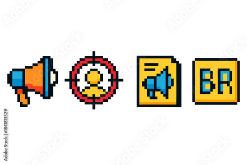 Pixel art icons: megaphone, target, document, initials br