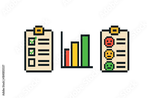 Pixel art infographic: bar chart with checklists and emoji ratings