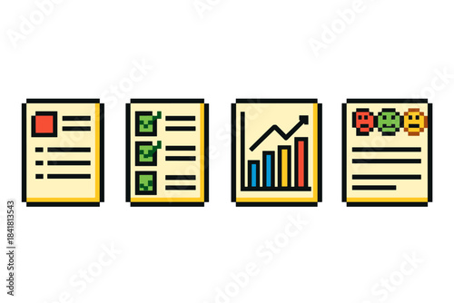 Pixel art icons of documents with charts, checklists, and emojis