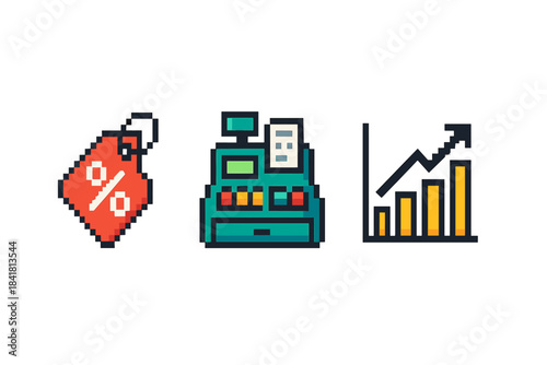 Pixel art shopping icons: discount tag, cash register, growth chart