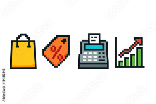 Pixel art shopping icons: bag, sale tag, cash register, growth chart