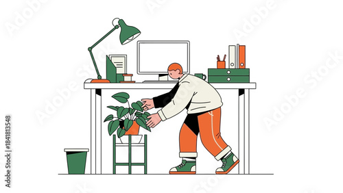 Man taking care of a plant in the office environment modern illustration design