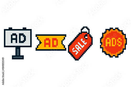 Pixel art advertising icons: billboard, banner, sale tag, badge