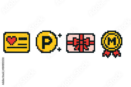 Pixel art icons of card, coin, gift, and medal with heart and ribbon details
