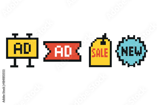 Retro pixel art advertising icons for ads, sale, and new products