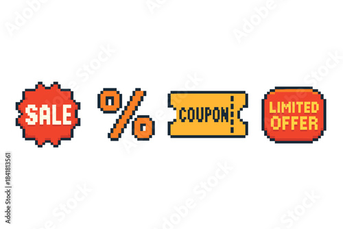 Colorful pixel art sale elements: sale, percentage, coupon, limited offer