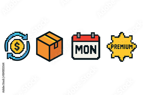 Pixel art icons: money, package, calendar, premium badge