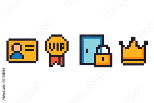 Pixel art icons: identification, vip access, secure entry, royalty symbol
