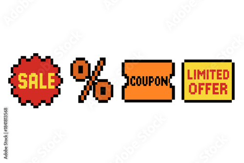 Pixel art sale icons: discount, coupon, limited offer symbols