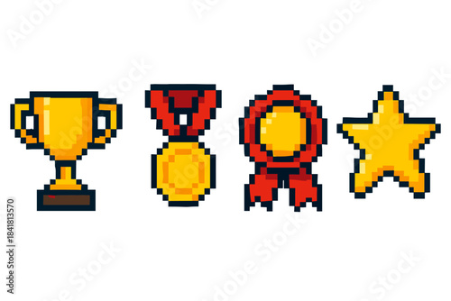Pixel art trophy medal ribbon star icons for achievements