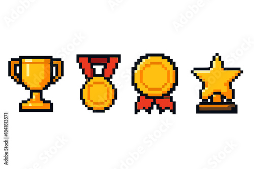 Pixel art trophies and medals: cup, medal, ribbon, star