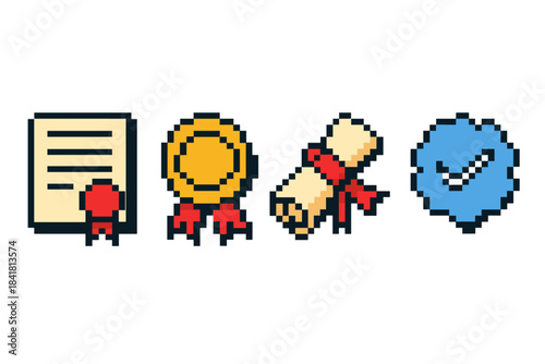 Retro pixel icons: certificate, medal, diploma, badge with checkmark