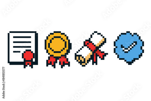 Pixel art icons: certificate, medal, diploma, and approval badge with ribbons