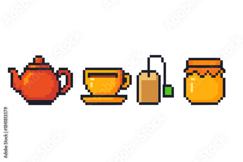 Pixel art tea set with red teapot, yellow cup, teabag, and honey jar