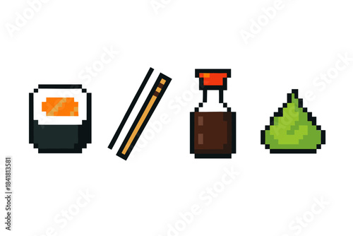 Pixel art sushi, chopsticks, soy sauce, and wasabi icons on white background