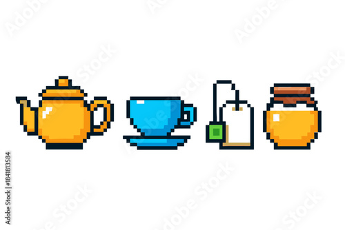Pixel art tea set: yellow teapot, blue cup, tea bag, honey jar