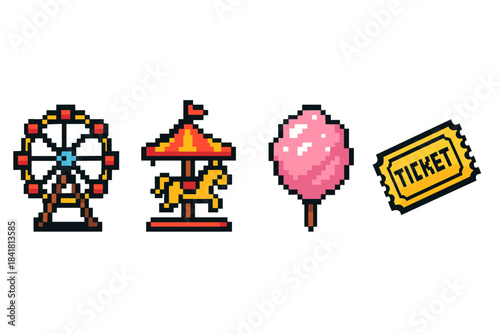 Pixel art carnival icons: ferris wheel, carousel, cotton candy, ticket