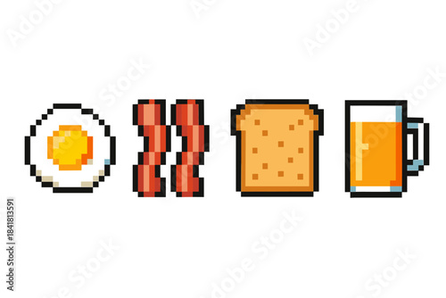 Pixel art breakfast: fried egg, bacon, toast, and orange juice