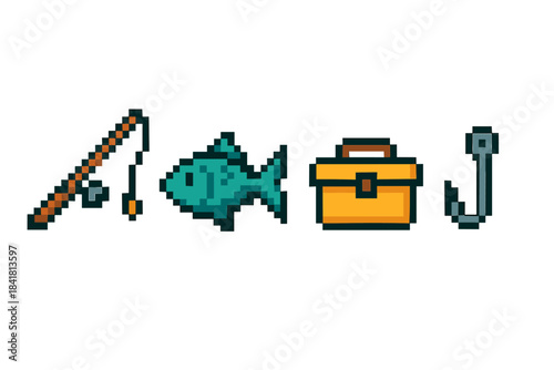 Pixel art fishing icons: rod, fish, tackle box, hook