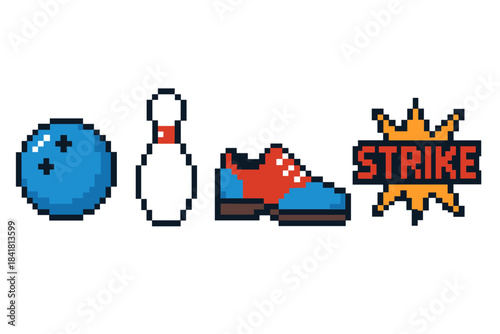 Pixel art bowling set: ball, pin, shoe, and strike graphic illustration