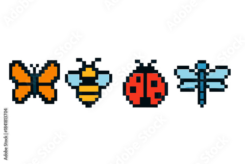 Pixel art insects featuring butterfly bee ladybug dragonfly