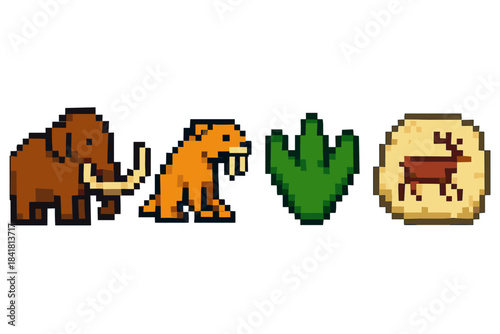 Retro pixel art of prehistoric creatures and fossil illustrations