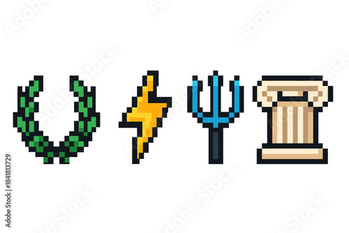 Pixel art symbols: laurel wreath, lightning bolt, trident, ancient greek column