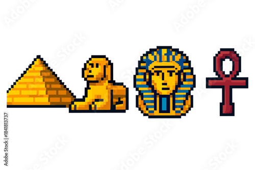Pixel art egyptian symbols: pyramid, sphinx, pharaoh, ankh