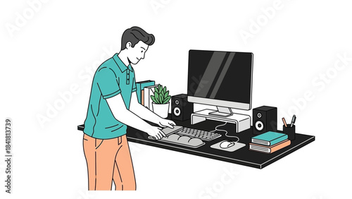 Man working at a desk with a computer, books, and speakers in a minimal style illustration