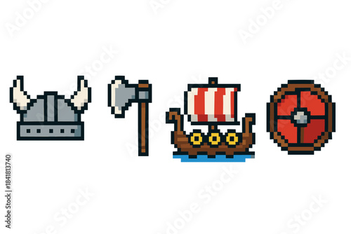 Pixel art of viking helmet, axe, longship, and shield