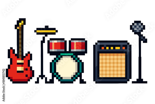 Pixel art music instruments with guitar, drums, amplifier, and microphone