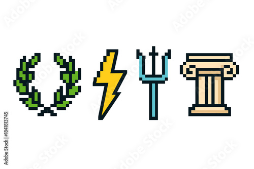 Pixel art: laurel, lightning, trident, and pillar symbols