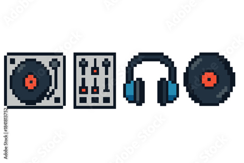 Pixel art musical equipment: turntables, mixer, headphones, vinyl