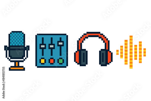 Pixel art microphone and headphones with audio wave and mixer controls